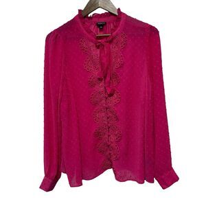 Torrid Blouse Womens 10 Bright Pink Puff Sleeve Textured Button Front Crochet